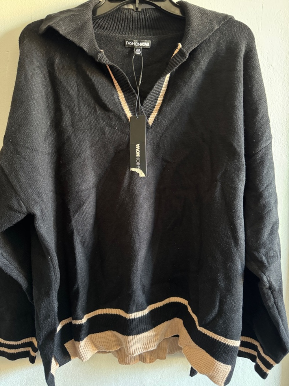 Fashion Nova Black V-Neck Hooded Sweater with Tan Trim